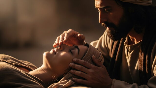Jesus lays his hands on a sick woman in prayer or request for healing. A biblical scene depicting faith, compassion, and divine intervention. Divine blessing.