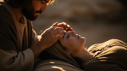 Jesus lays his hands on a sick woman in prayer or request for healing. A biblical scene depicting faith, compassion, and divine intervention. Divine blessing.
