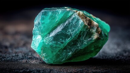 Raw emerald crystal on dark surface, uncut green gemstone with natural texture, mining and geology concept, luxury mineral resource, precious stone for jewelry industry
