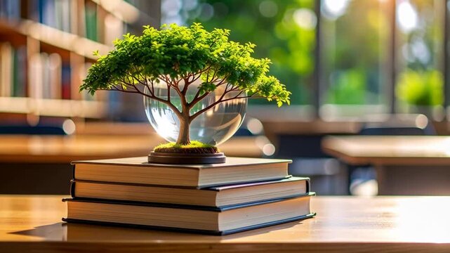 Miniature tree grows from clear bowl atop stack of books in sunny library aisle