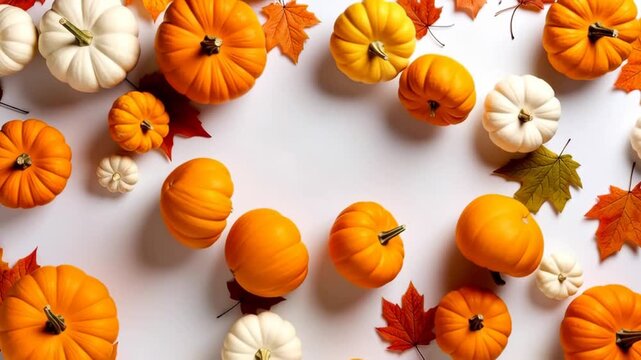 Assortment of orange and white pumpkins and autumn leaves arranged on a white background