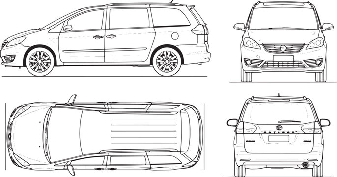 Technical blueprint of modern family minivan with multiple viewings