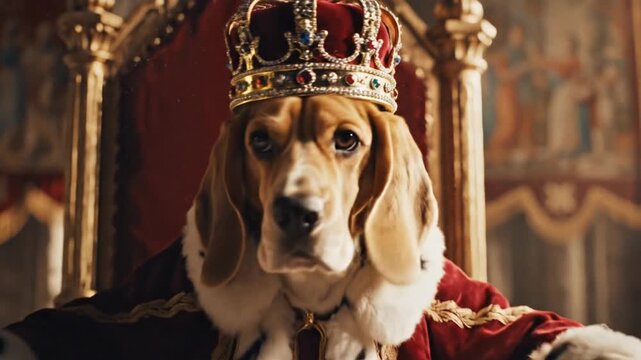 Majestic canine wearing a royal monarch ensemble featuring a golden crown and velvet cape in a cinematic motion portrait of a noble pet treated with regal dignity and grandeur.