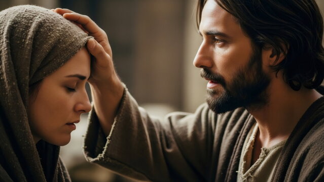 Man healing a woman with a gentle touch. Jesus Christ performing a miracle or blessing someone. Representation of divine power and faith.