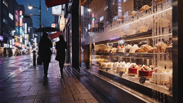 Cinematic nighttime view of a brightly lit urban store showcase window displaying merchandise on a city street at dusk, capturing the glow and reflection of a metropolitan shopfront.