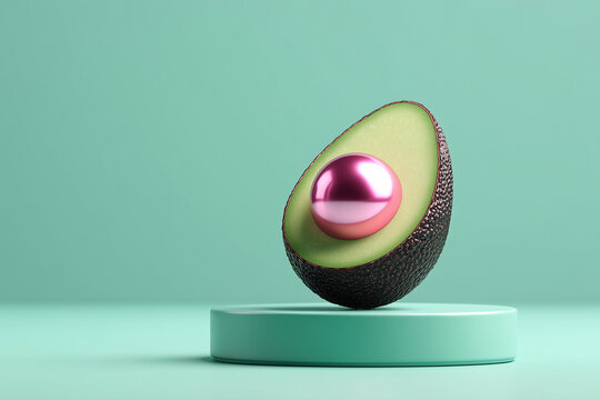 surreal commercial editorial photograph of a halved avocado on a teal pedestal with a neon pink chrome sphere instead of a pit against a pastel mint green background.