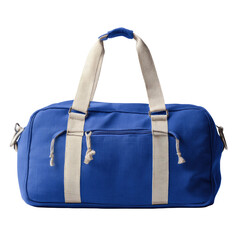 Blue canvas duffel bag with white straps, front zip pocket, on dark background