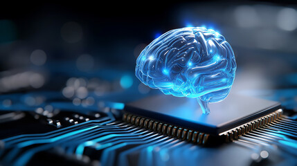 Obraz premium Artificial intelligence brain on computer chip, advanced technology representation, neural processing, computational innovation, AI hardware, defocused circuitry, with copy space