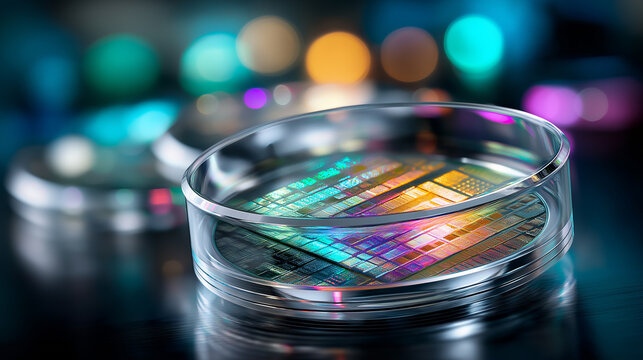 Silicon wafer showing microchips for modern semiconductor technology, computer processors transparent background, chip fabrication, manufacturing process, technological precision, 