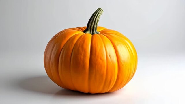 A vibrant orange pumpkin with a textured stem sits isolated on a clean white background
