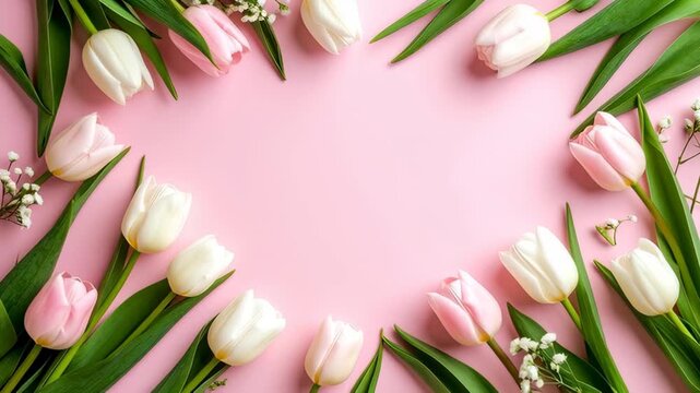 Delicate pink and white tulips arranged in a floral border on a soft pink background