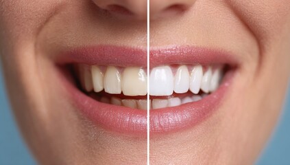 A dental transformation visual showcasing teeth whitening, with a comparison of yellow and white smiles