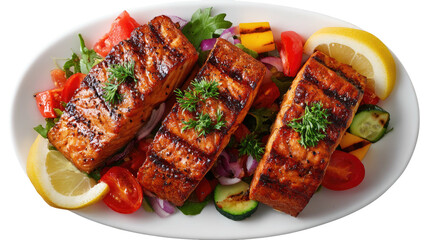 Grilled salmon fillets on salad, garnished with lemon on a white plate