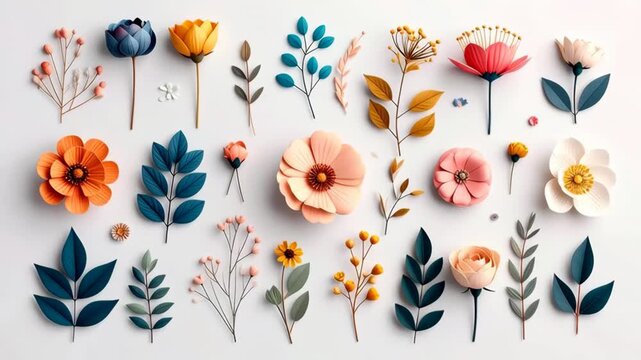 Collection of colorful paper flowers and botanical elements arranged against a white background