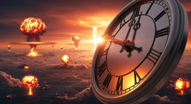 Floating doomsday clock over nuclear war landscape