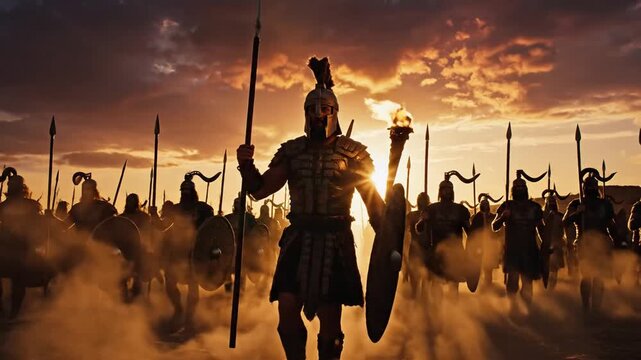 Cinematic silhouette of biblical hero Gideon leading a small army of three hundred courageous men through a dramatic dawn landscape in slow motion, depicting historical leadership and bravery.