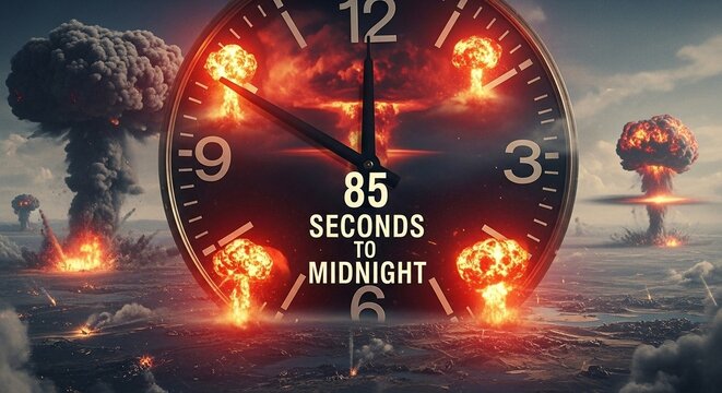 Doomsday clock with nuclear war backdrop and urgent countdown