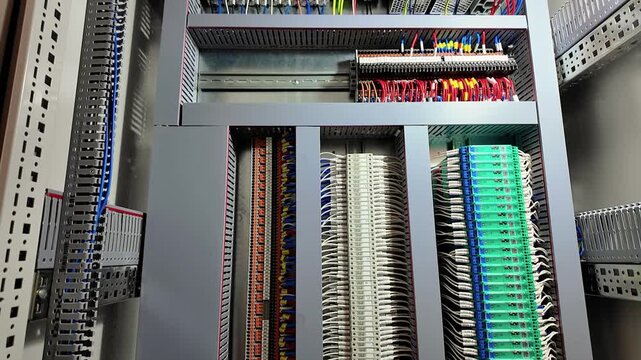 Interior of an automation control cabinet with terminal blocks, modules and neatly arranged labeled wires. Industrial electrical cabinet for a factory servicing railway train cars. Industrial automati