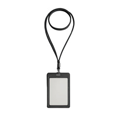Black ID badge with lanyard against black background, portrait format