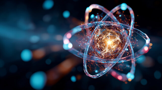 Quantum physics science background close-up visualization, scientific research representation, atomic level technology, computational physics, defocused quantum field, with copy sp