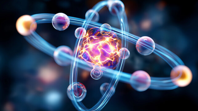 Quantum physics science background close-up visualization, scientific research representation, atomic level technology, computational physics, defocused quantum field, with copy sp