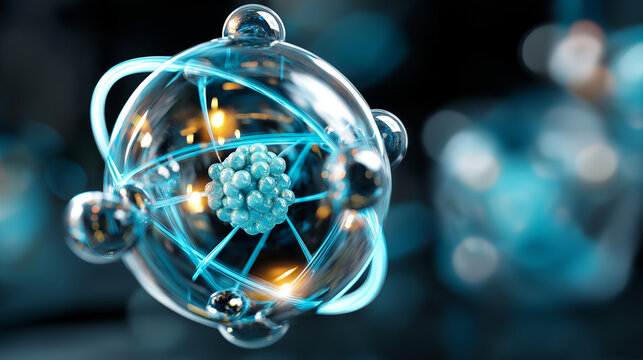 Quantum physics science background close-up visualization, scientific research representation, atomic level technology, computational physics, defocused quantum field, with copy sp