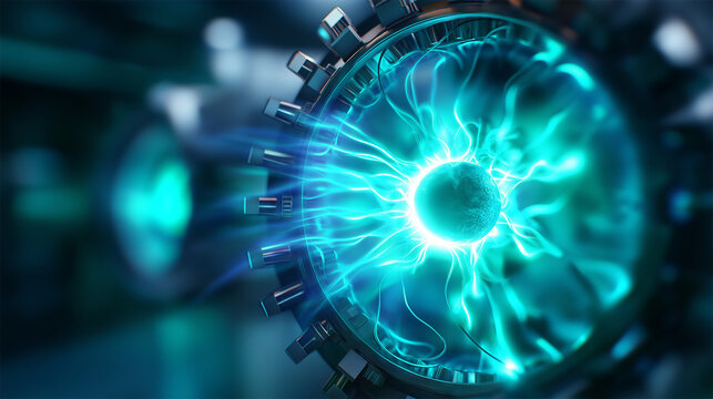 Glowing plasma ultratech containment in experiment fusion core, energy generation quantum vacuum, scientific visualization, advanced technology, defocused containment field, with c