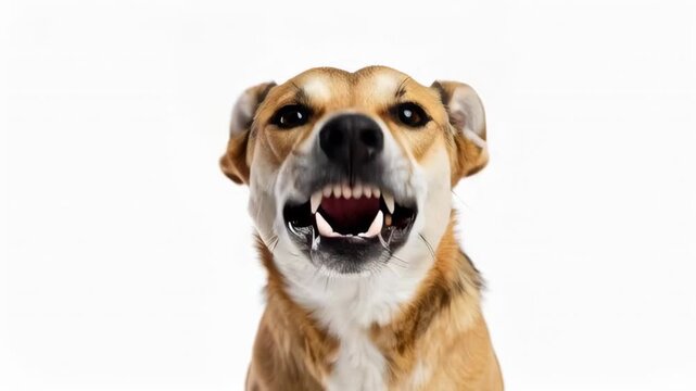 Close up portrait of a happy mixed breed dog with alert ears and open mouth