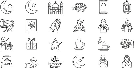 Ramadan Kareem celebration icons set with mosque, lantern, and traditional food illustrations.