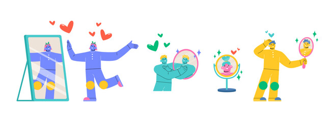 Fototapeta premium Set of man and woman look in mirror satisfied with reflection. Concept of self-love and self-acceptance. Colorful vector illustration
