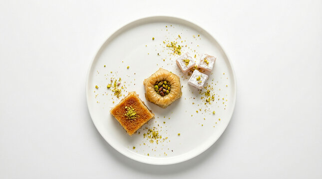 Elegant Middle Eastern desserts on white plate with pistachio garnish