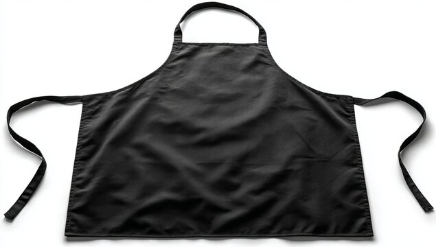 A clean, black, front‑facing apron with pockets, ties, and a neck loop positioned on a white backdrop