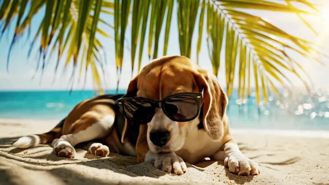 
A charming beagle dog is relaxing on the beach, lounging and enjoying the sun. Pet-friendly tourism
