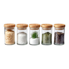 Five spice jars sit, containing various seasonings, sealed with wood lids