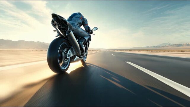 Motorcyclist in full gear riding a superbike at high speed on an empty desert road at sunset