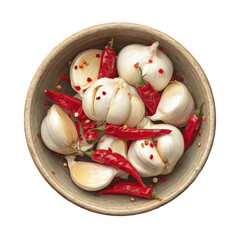 Bowl of whole garlic bulbs and chili peppers; spices, vibrant, overhead angle