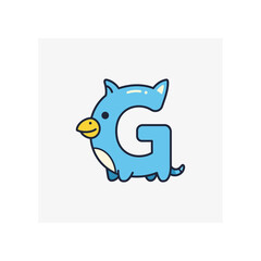 Blue cartoon animal character with large letter g on body standing on white background with soft
