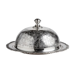 Silver domed serving dish with intricate floral engraving, knob on top