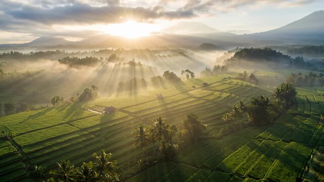 Aerial video in an amazing landscape rice field on Jatiluwih Rice Terraces, Bali, Indonesia, with a drone, above rice terraces in a beautiful day rice field. 4K footage.