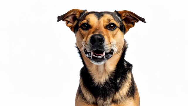 Expressive dog with open mouth and visible teeth, looking forward on a white background