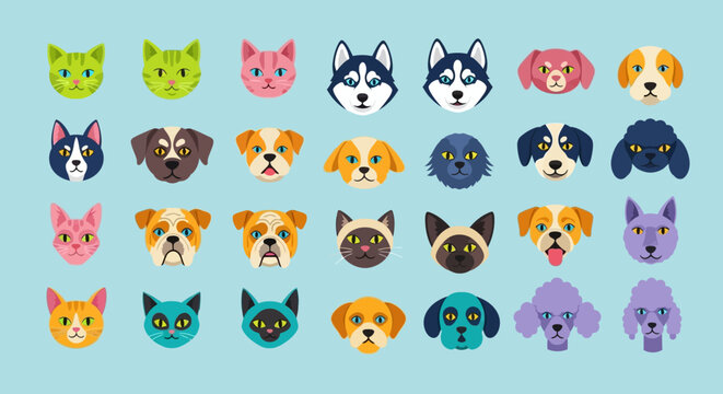 Collection of various dog and cat faces in different colors and breeds.