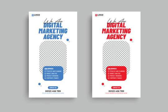 Digital marketing agency social media story template set with blue and red professional modern style.