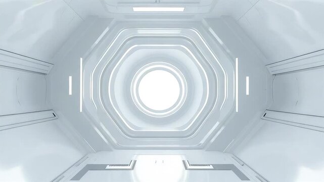 White futuristic corridor tunnel with octagonal walls glowing panels leading to bright circular light exit