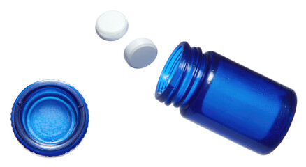 Blue pill bottle lying down with two white pills and lid