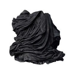 Crumpled, dark fabric forms abstract swirling, textured mass on a dark backdrop