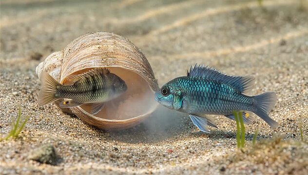 A female callipterus cichlid (Lamprologus callipterus) lays her eggs , and the male fertilizes them. she will stay inside protecting them until they hatch, Lake Tanganyika, Africa.

