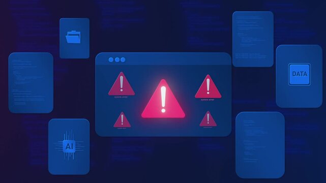 System Error Warning Dashboard with Critical Alert Icons and Data Panels animation, data breaches, and internet security issues, a technology concept.