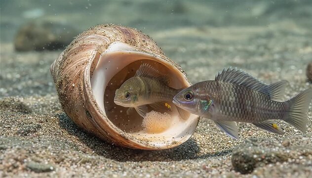 A female callipterus cichlid (Lamprologus callipterus) lays her eggs , and the male fertilizes them. she will stay inside protecting them until they hatch, Lake Tanganyika, Africa.
