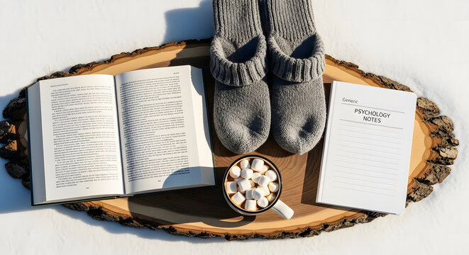 Overhead view of study materials, hot cocoa, and warm socks on s