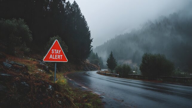 Stay alert road warning sign on forest highway with foggy mountains landscape.